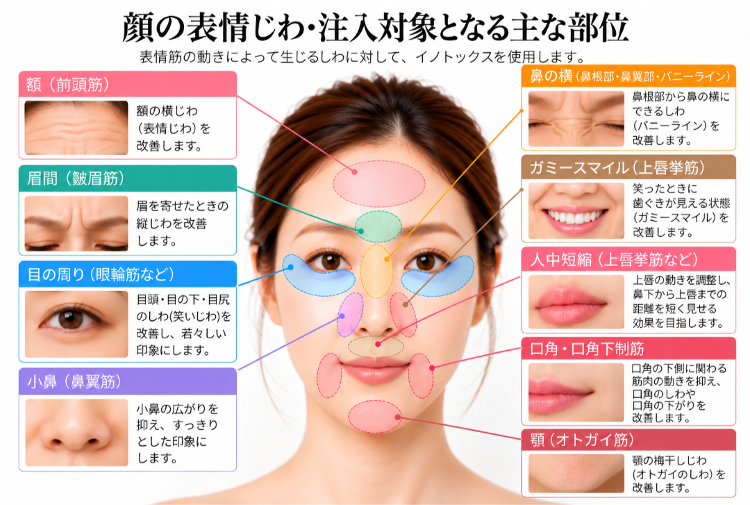 イノトックスの顔の注入対象部位|額・眉間・目の周り・鼻・小鼻・ガミースマイル・口角・顎